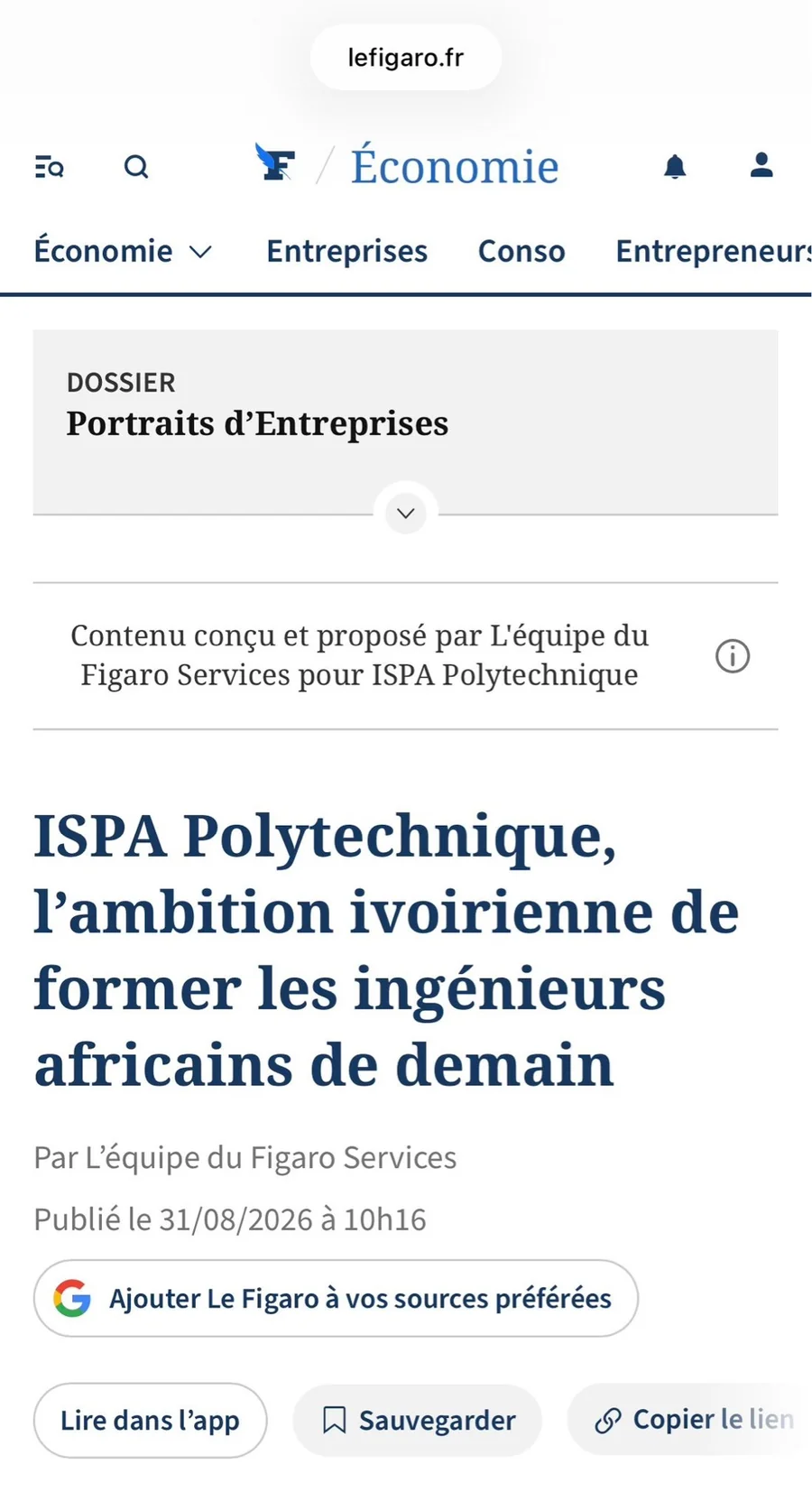 Publication du Figaro sur ISPA Polytechnique